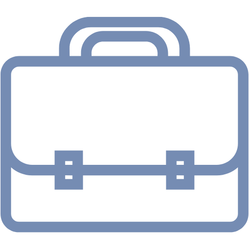 Ein blaues Icon eines stilisierten Aktenkoffers auf transparentem Hintergrund.