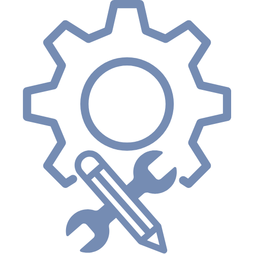 Das Icon eines Zahnrades in blau mit einem Bleistift und einem Schraubenschlüssel die sich kreuzen.