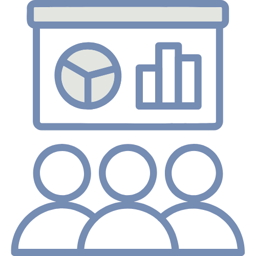 Icon mit drei Personen vor einer Präsentation mit Diagrammen.