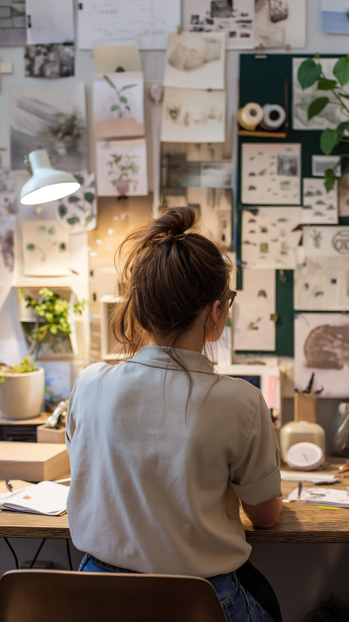 Frau mit Dutt sitzt an einem kreativen Arbeitsplatz vor einer Wand voller Skizzen und Pflanzen.