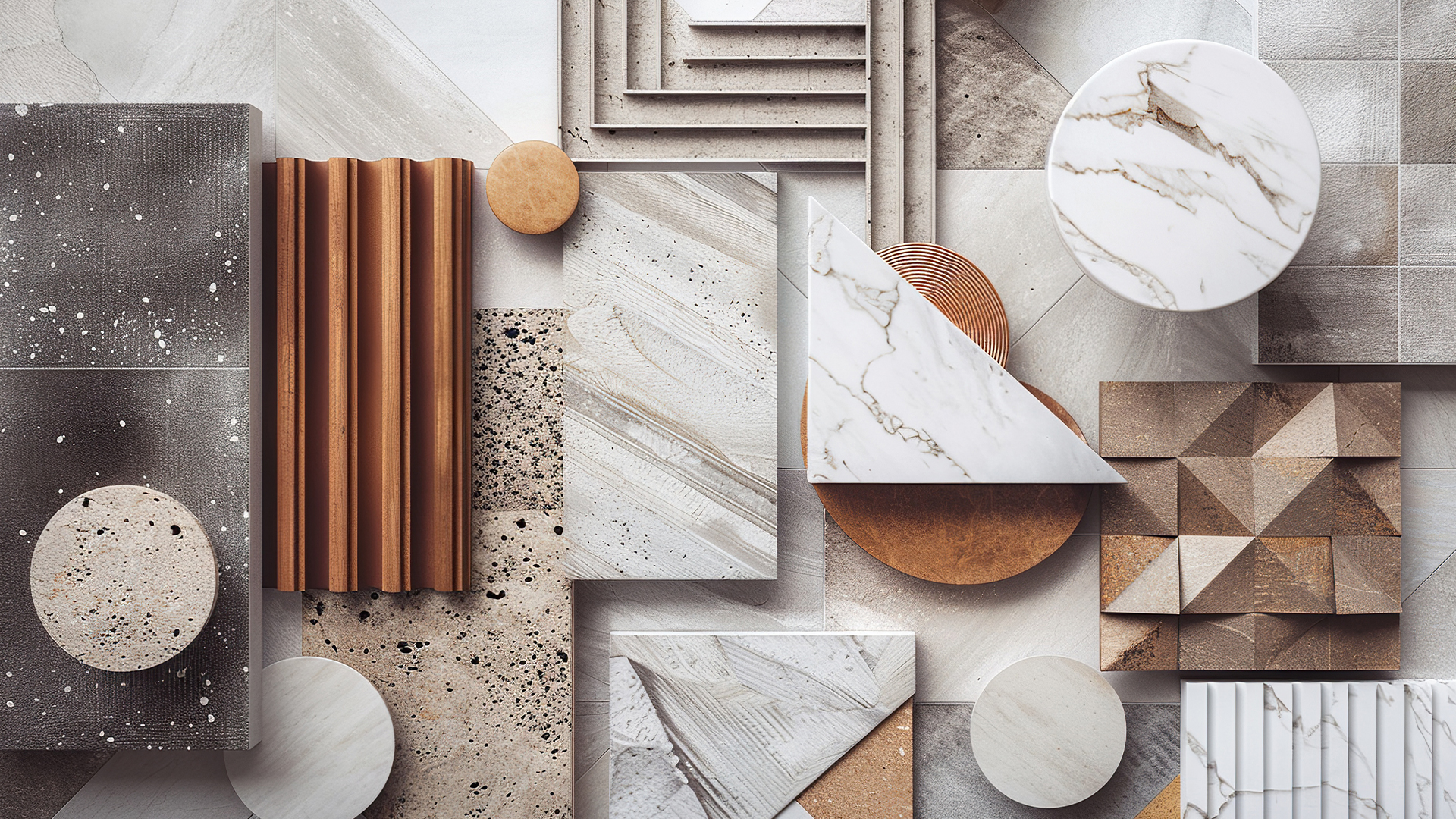 Materialcollage mit Beige, hellen Braun- und Sandtönen, verschiedene Platten und Hölzer in verschiedenen Formen wie rechteckig, rund, halbrund und dreieckig.